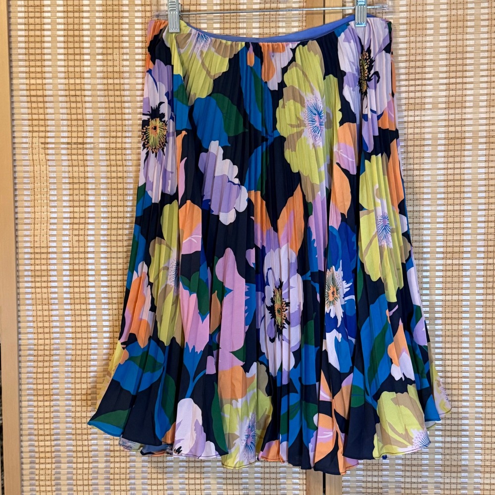 Maeve Anthropologie Floral Pleated Midi Skirt Purple Blue Yellow Size 8 Boho